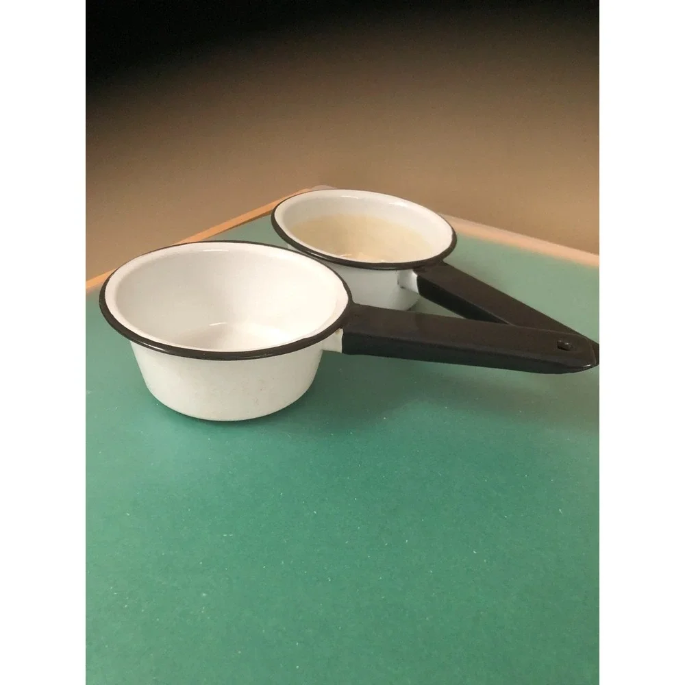 2 - VTG Enamelware Small 5 Inch  SaucePans Pots White Black Trim & Handles